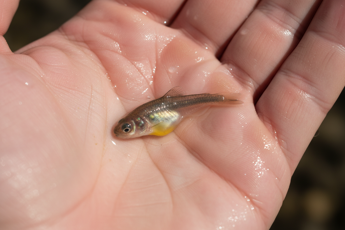 fait moi une image de jeune alevin tenu sur une main 